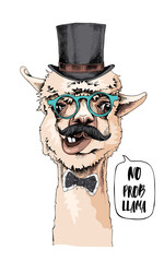 Funny poster. Alpaca with a mustaches in a gentleman top hat, bow-tie and in a glasses. No prob llama! - lettering quote. Humor card, t-shirt composition, hand drawn style print. Vector illustration. © Afishka