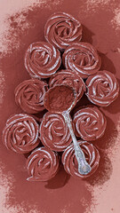 Delicate zephyr sprinkled with cocoa powder. Low-calorie marshmallows. Homemade dessert.