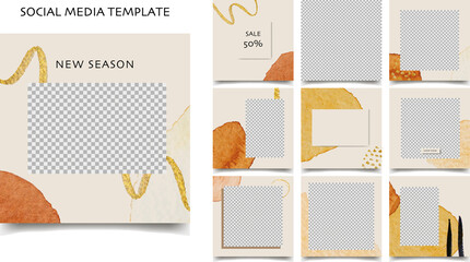 Social media template. Sale promotion. Editable square post frame puzzle. Instagram and facebook editable post. Beije, grey, white, gold, black vector background.