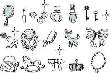 化粧品、お人形、王冠、木馬、香水などかわいいモチーフのアイコンセット