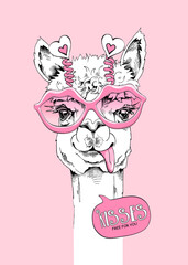 Cute Llama in a pink Lips Sunglasses with hearts. Kisses free for you - lettering quote. Humor Card of a Valentine's day, t-shirt composition, hand drawn style print. Vector illustration.