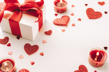 Valentines day heart, romantic gift box, red love candle on white background. Sainte Valentine, mothers day, birthday greeting cards, invitation, celebration concept.