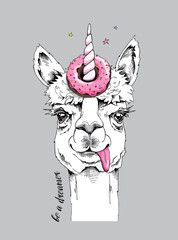 Fun Llama with a pink donut and with a unicorn horn. Be a dreamer - lettering quote. Humor card, t-shirt composition, hand drawn style print. Vector illustration.