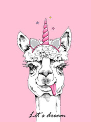 Fun Llama in a pink unicorn mask: ears, horn. Let's dream - lettering quote. Humor card, t-shirt composition, hand drawn style print. Vector illustration. © Afishka