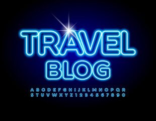 Vector neon template Travel Blog. Glowing light Font. Illuminated Alphabet Letters and Numbers set