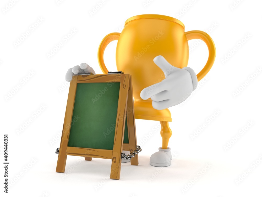 Sticker golden trophy character with chalk signboard