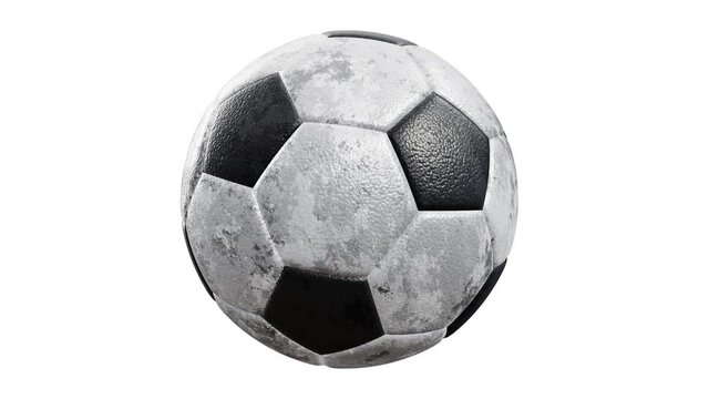 360-degree seamless looping spin 3D animation of the realistic grungy textured soccer ball rendered in UHD, alpha matte is included