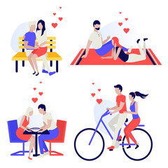 Happy young couple set. Loving couple during date, romantic, hugging, kiss. Happy Valentine's Day. Love and feelings. Human characters on white background. Color vector illustration