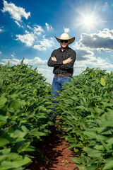 Young agronomist wearing a hat in the soy field