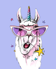 Fun Llama in a pink glasses, with a rainbow unicorn horn and with a star on a lilac background. Humor card, t-shirt composition, hand drawn style print. Vector illustration.