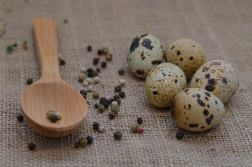 Fresh quail eggs with spices on burlap. Space for text
