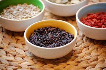 A healthy meal, simple ingredients: goji berries, black rice.