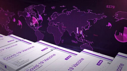 Covid vaccine production diagram. Sars-cov-2 vaccination chart, graph and stats. Coronavirus global epidemic statistics on violet background. Abstract concept 3d rendering animation. - Powered by Adobe