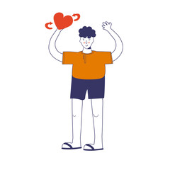 boy in doodle style holds a heart in his hand. Wind illustration.