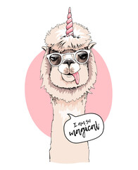 Fun Llama in a sunglasses, with a pink unicorn horn. I am so magical - lettering quote. Humor card, t-shirt composition, hand drawn style print. Vector illustration.