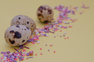Quail eggs on a light background and pastry powder. Easter