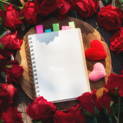 empty notepad  and red rose petals on wood background, top view. Valentine's day celebration