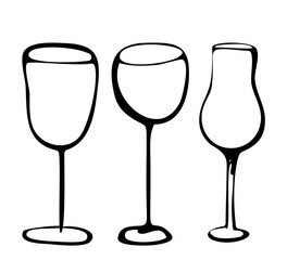 Vector hand drawn doodle set wine glasses black illustration of wine glasses drink on white background