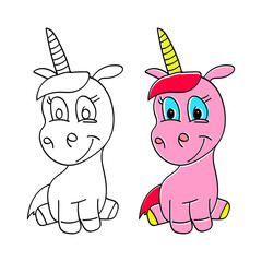 Cartoon character Unicorn color and outline on white background
