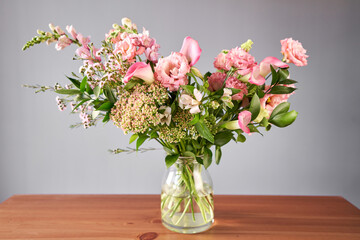 Bouquet 001. Finished flower arrangement in a vase for home. Flowers bunch, set for interior. Fresh...