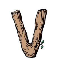 Colored engraving Letter V made of wood with leaves on the white background