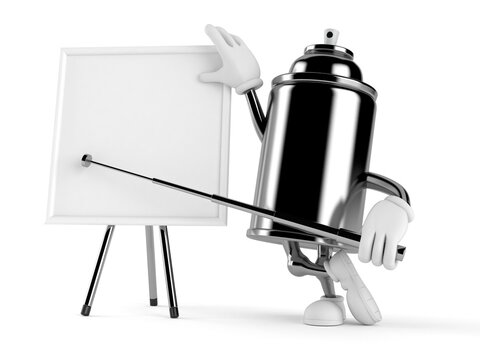 Spray can character with blank whiteboard