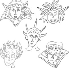 Contour drawings of faces various cartoon vampires and devils