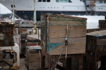 detail of the textures of the port wood, there are boxes and planks