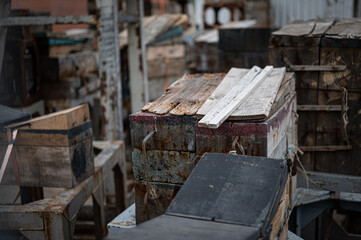 detail of the textures of the port wood, there are boxes and planks