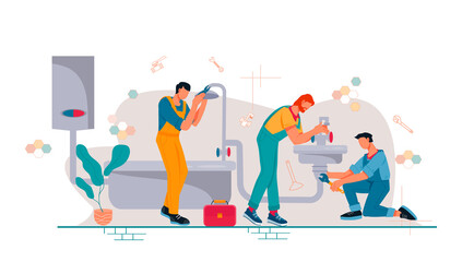 Plumbers repair pipeline and water boiler maintenance. Plumbing service banner with workers fixing plumbing equipment in the house, flat vector illustration isolated on white background.
