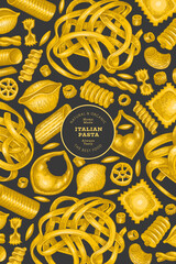 Italian pasta design template. Hand drawn vector food illustration. Vintage pasta different kinds background.
