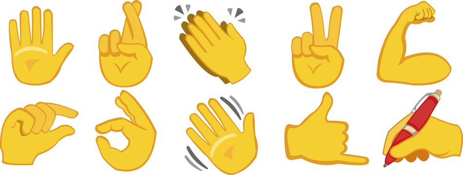 Premium Vector  Hand gesture emojis icons collection. handshake, biceps,  applause, thumb, peace, rock on, ok, folder hands gesturing. set of  different emoticon hands isolated illustration.