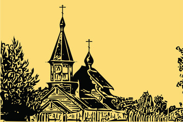 Fototapeta premium Vector drawing - contour of the Orthodox Church on a yellow background