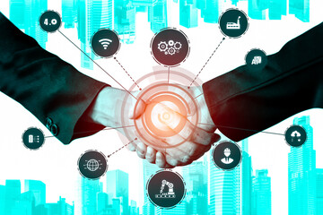 Industry 4.0 technology concept - Smart factory for fourth industrial revolution with icon graphic showing automation system by using robots and automated machinery controlled via internet network .