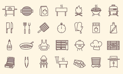 Set of grilling line icons. BBQ barbecue grill. Collection of minimal style isolated outline icons, signs and symbols. Editable Strokes