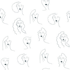 Seamless vector pattern with portraits of girls drawn in lines on a white background. Portrait in a modern style. Women's faces in a simple graphic drawing.