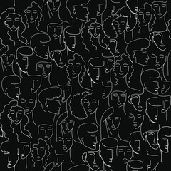 Seamless vector pattern with portraits of girls, boys drawn in lines on a black background. Portraits of people in a modern style. Female and male faces in a graphic drawing.