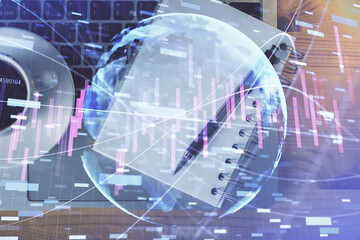 Multi exposure of forex chart drawing and work table top veiw. Concept of financial analysis.