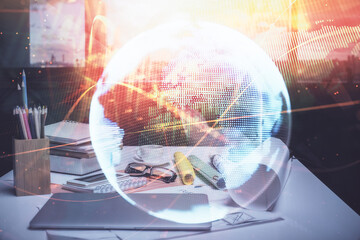 Double exposure of business theme drawing and office interior background. Concept of success