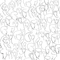 Seamless vector pattern with portraits of girls, boyfriend drawn lines on a white background. Portraits of people in a modern style. Female and male faces in a bar graph.