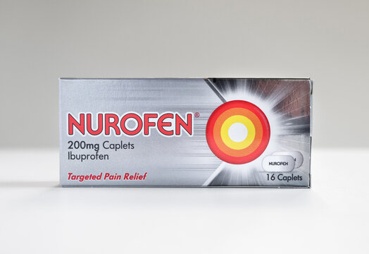 Packet of Nurofen Ibuprofen anti-inflammatory medication on a white background - London / UK - March 22nd 2020 