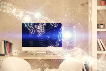 Multi exposure of data theme drawing and office interior background. Concept of technology.