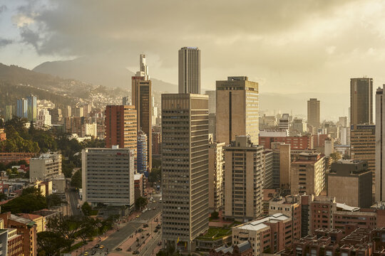 Skyline of Bogota city in Columbia during sunset