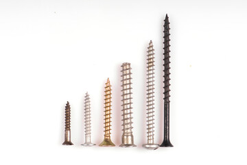 Long self tapping iron screw, macro close-up isolated on white background, banner size.