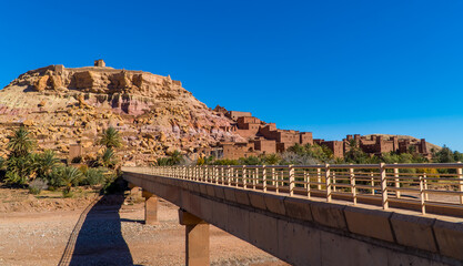 Panorama view of bridge to the ancient fortified town (ksar) of Aid Benhaddou in Morocco