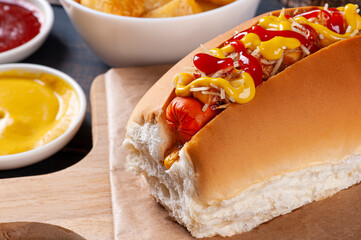 .Brazilian style hot dog, with mustard, ketchup and potato straw