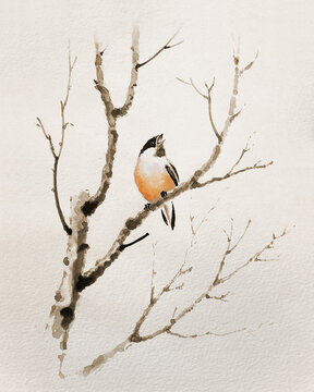 Bullfinch on a bare branch. Traditional Japanese ink painting. Illustration.