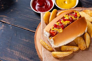 Brazilian style hot dog, with mustard, ketchup and potato straw. Top view. Copy space