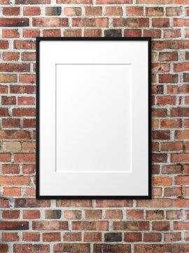 Empty photo frame for mockup on brick wall, 3D render, 3D illustration.