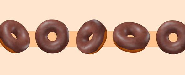 3d fashion collage abstract scene. Chocolate donuts in beige Creme brulee space.  Donut lover concept. Minimalistic creative food style modern art.